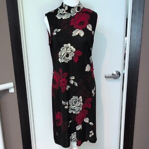 Expressions Black and Red Floral Midi Dress